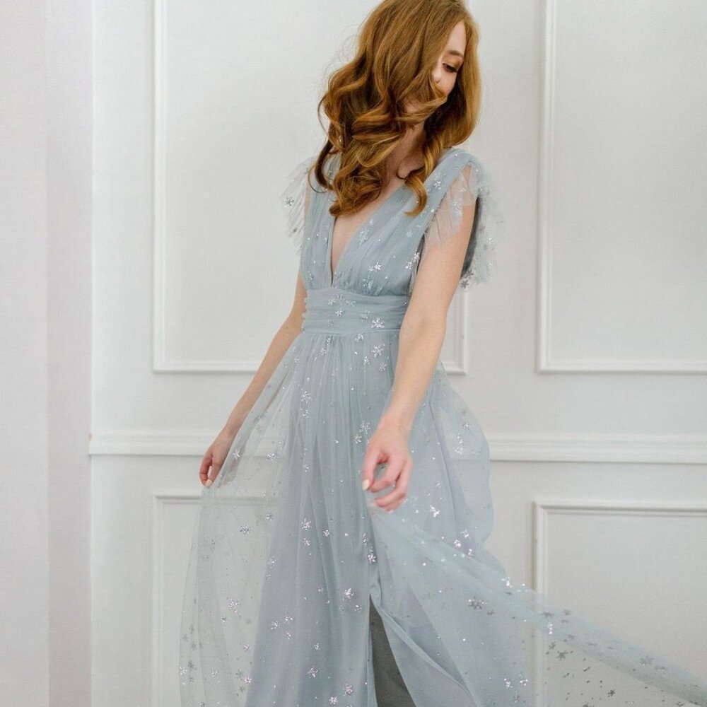 Morning Lavender Tulle Ruffle Sleeve Dress, size M/L